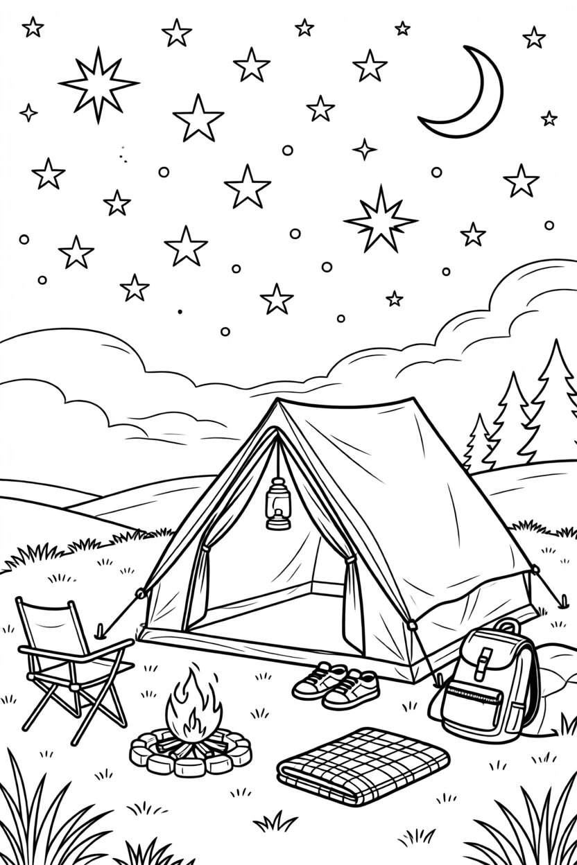 A tent glowing from lantern light beneath a starry sky, with mist rolling gently across the ground.