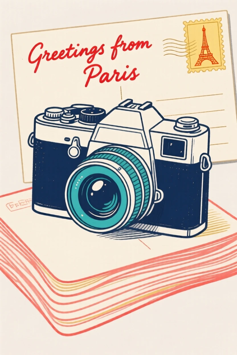 A vintage camera resting on a stack of travel postcards.