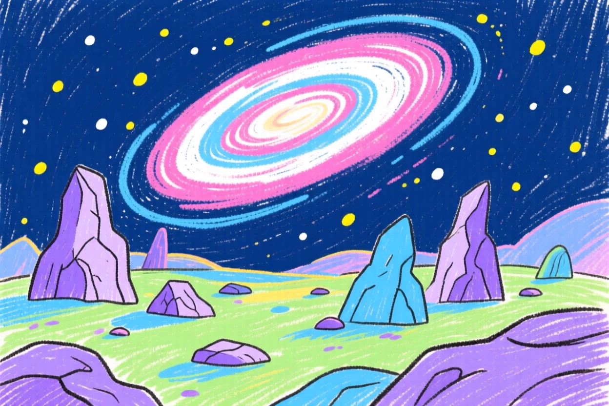 A distant spiral galaxy rising slowly over a rocky alien landscape.