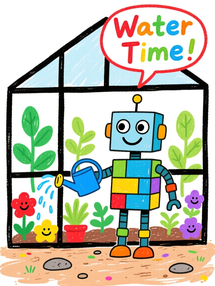 A cheerful robot watering plants in a greenhouse.