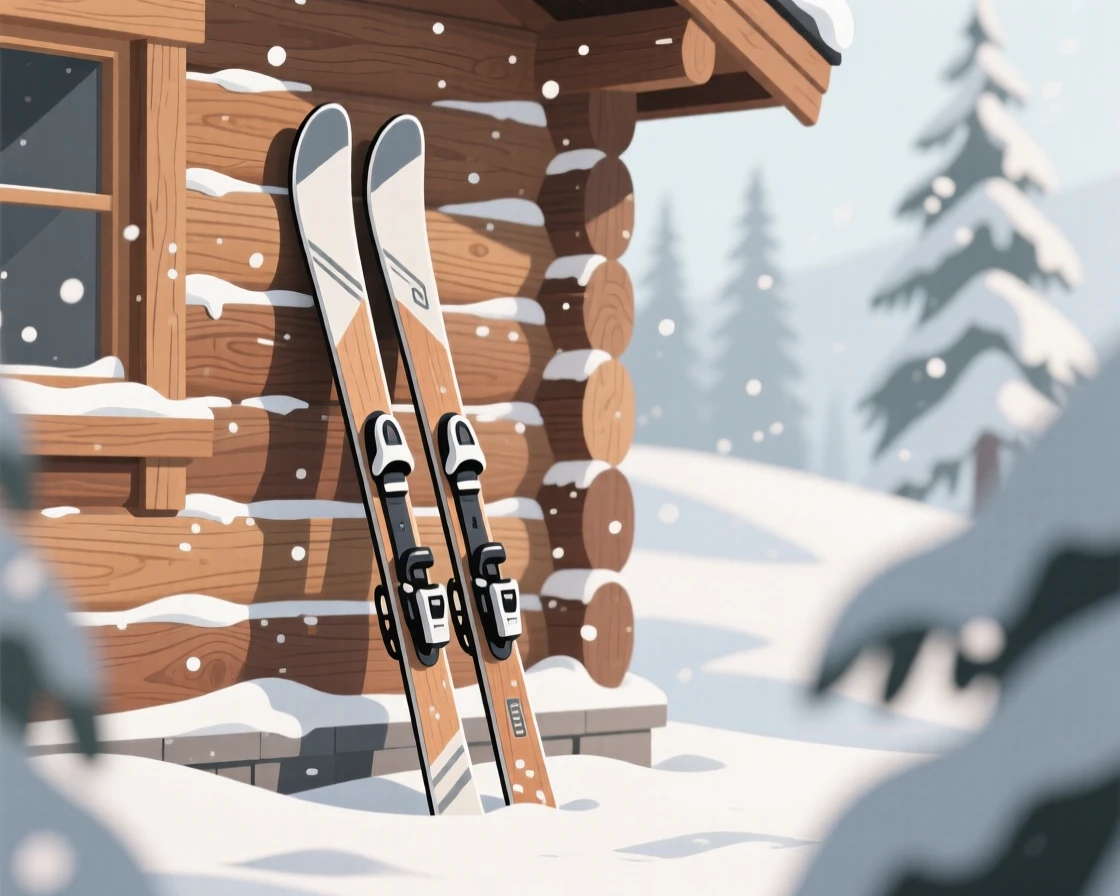 A pair of skis leaning against a snowy cabin wall, arranged within a softly blurred natural setting, framed tightly to emphasize fine texture and detail, with a clean, elegant simplicity.