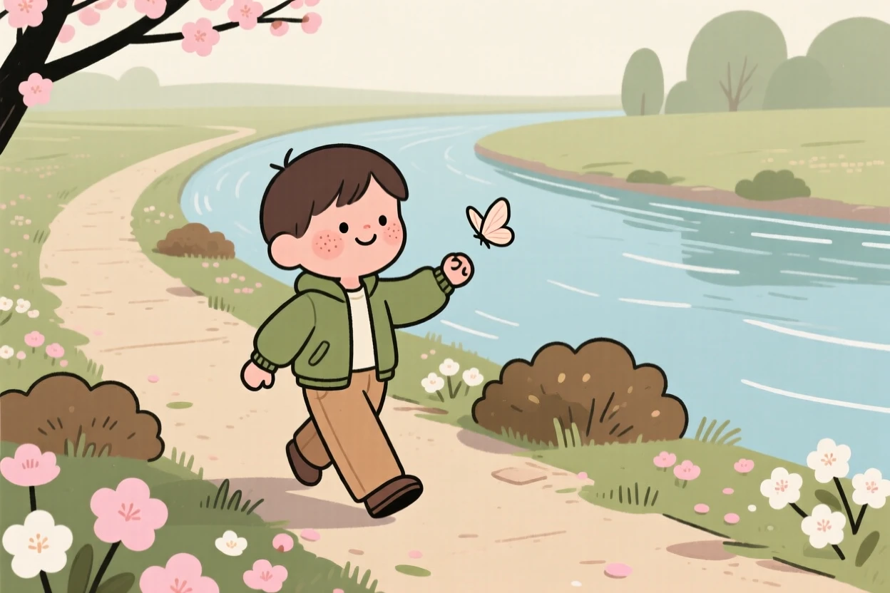 The first blossoms of spring open along a riverside trail as a child chasing a butterfly walks slowly by, pausing to admire the color in the mild morning air.