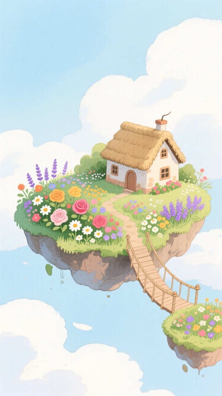 A floating island covered in blooming gardens drifts above the clouds, connected by a rope bridge to a small cottage