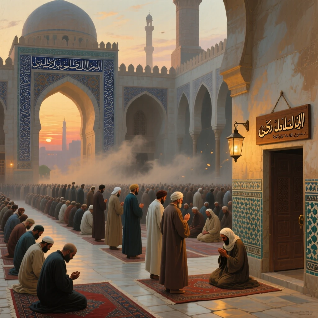 A grand Islamic mosque filled with worshippers during evening prayer, with dust and motion conveying the energy of the historical moment, capturing the grandeur and detail of a bygone era