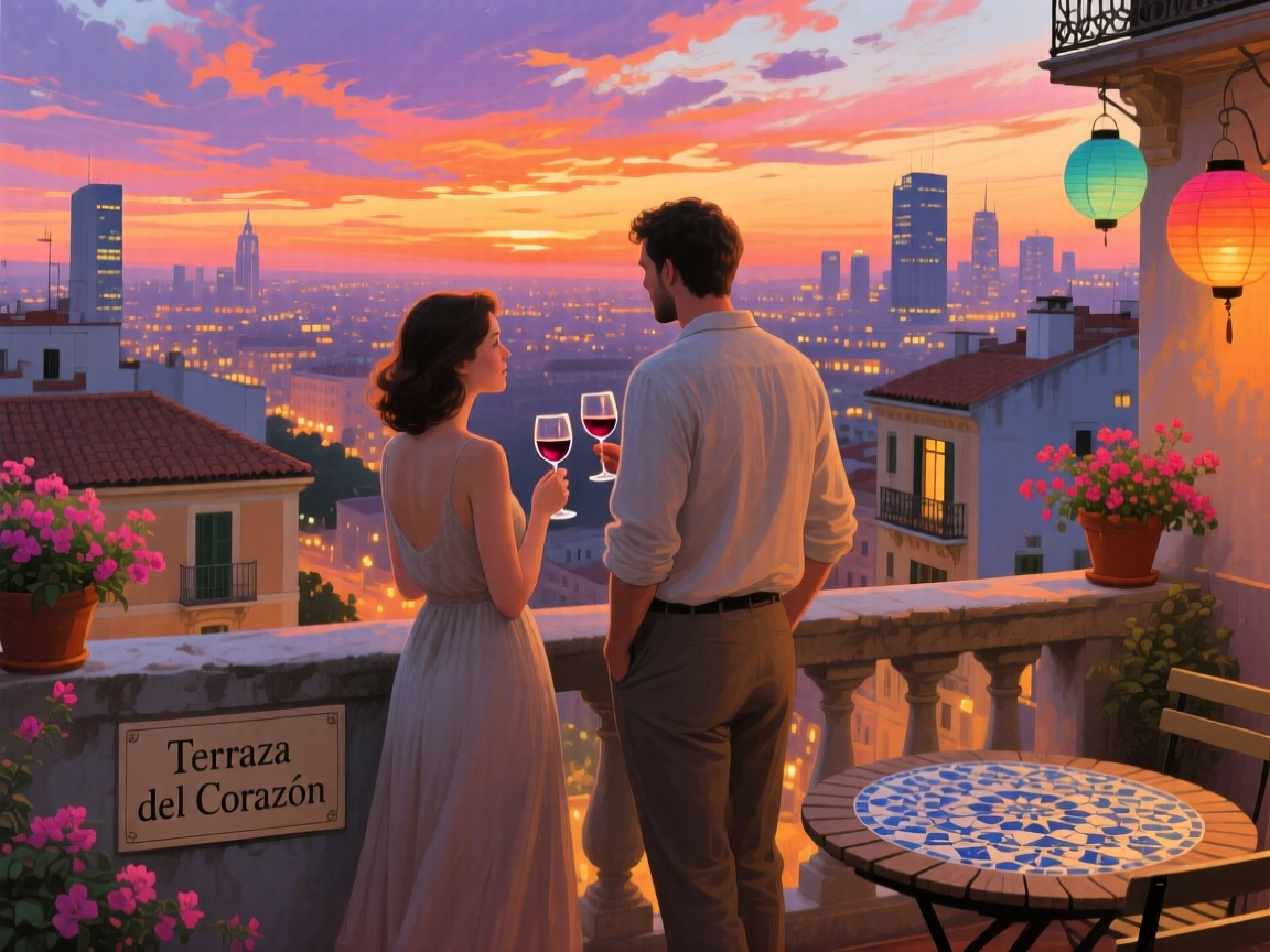 A couple watches the sunset together from a rooftop terrace, wine glasses in hand, city lights beginning to twinkle below them, their surroundings offering subtle clues about culture, place, and the moment being lived.