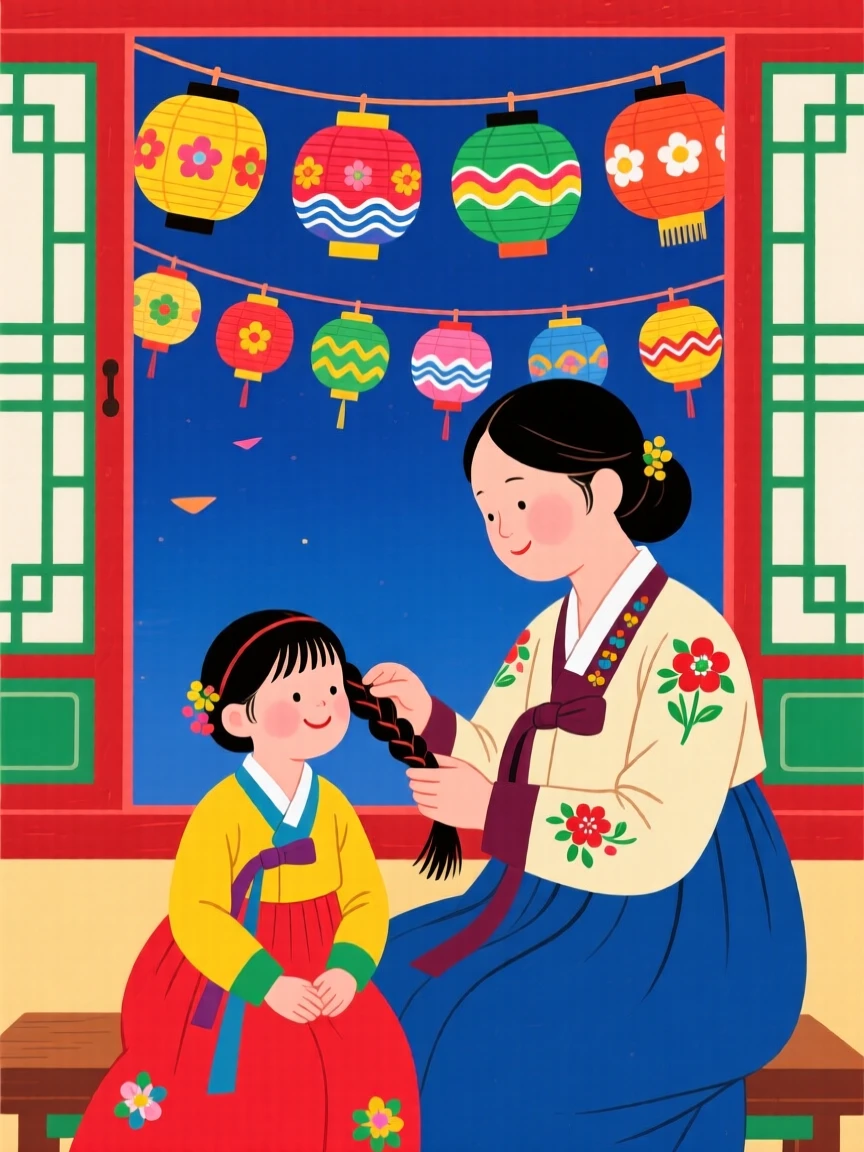 A mother braiding her daughter's hair by a window under strings of paper lanterns.