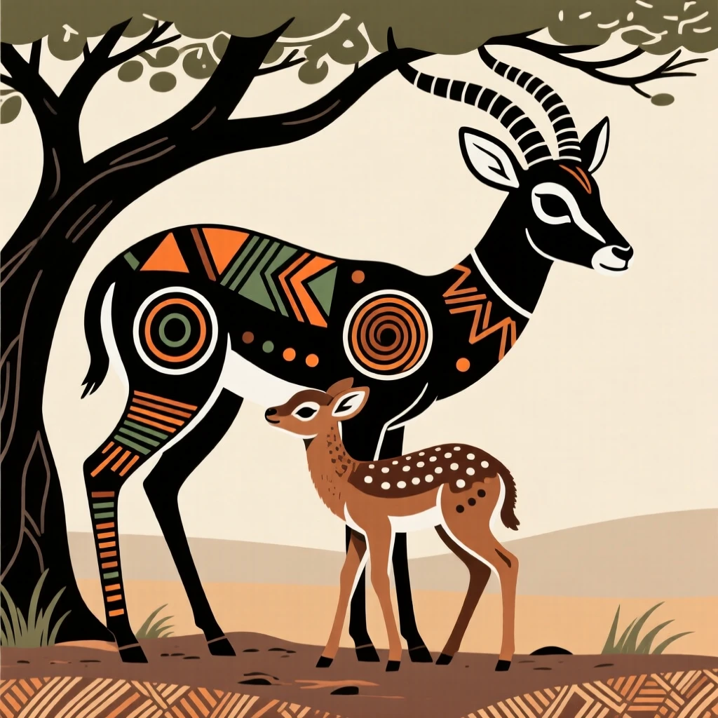 An antelope nursing its young in the shade.