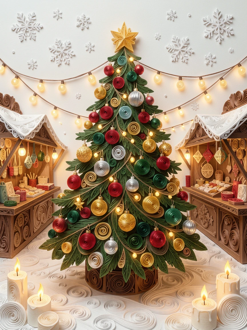 a decorated Christmas tree glowing with warm lights, in a bustling holiday market filled with twinkling lights, framed by softly falling snow, with soft candlelight flickering throughout the scene.