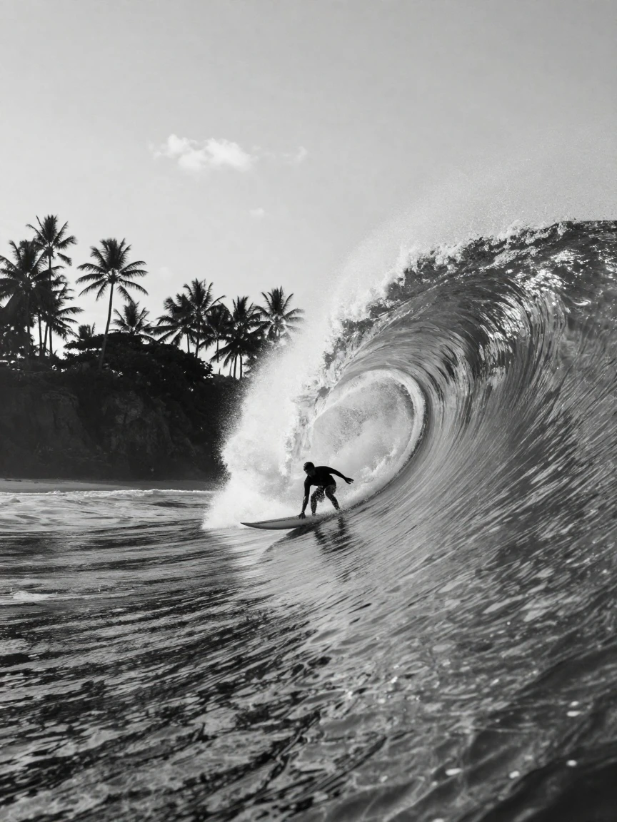 A surfer paddles into a massive curling wave off a tropical coastline.