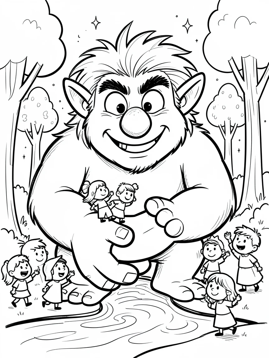 [Fantasy & Imaginative Scenarios] Imaginative fantasy scene of a giant friendly troll helping tiny villagers cross a river, brimming with wonder