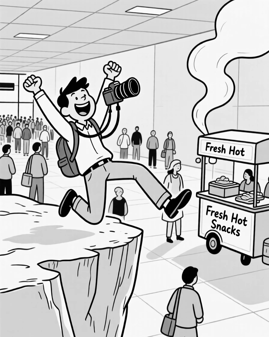 A photographer nearly toppling over a cliff for the perfect shot, throwing both arms up in pure victorious joy, set in a crowded, echoing airport terminal. Steam rises from a nearby food cart. It's a joyful tribute to the thrill of travel and discovery.