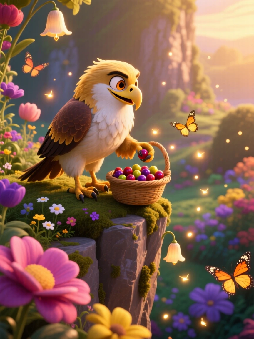 A griffin perched on a cliff stands in a garden where flowers chime like bells, gathering glowing berries into a basket. The atmosphere feels mystical yet warmly inviting, with soft glowing light illuminating every surface.