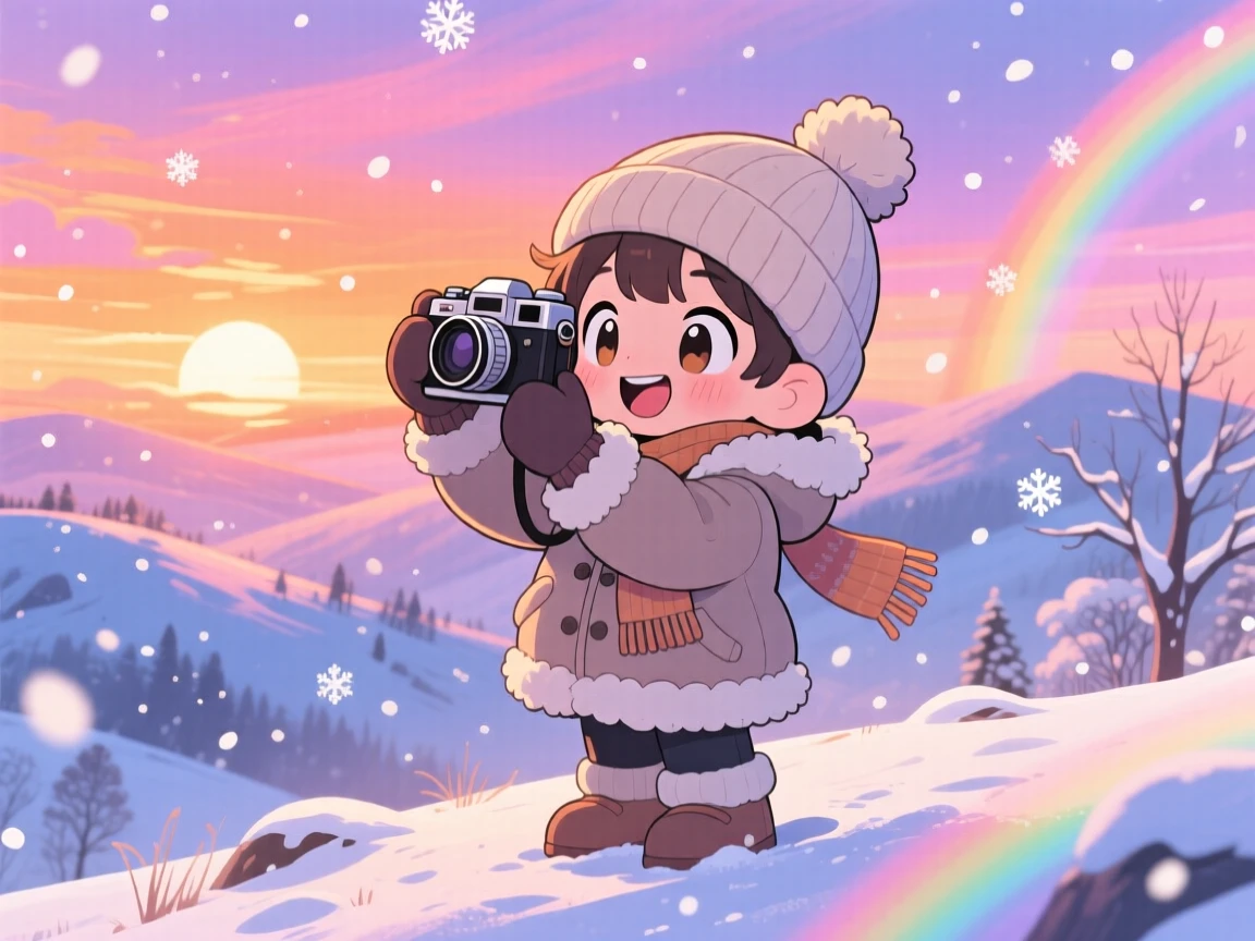 In a scenic hilltop, a young photographer is capturing a sunset with an old camera during a cozy winter snowfall, bathed in bright rainbow-tinted light, expression full of bubbly enthusiasm. Shot as a three-quarter view.