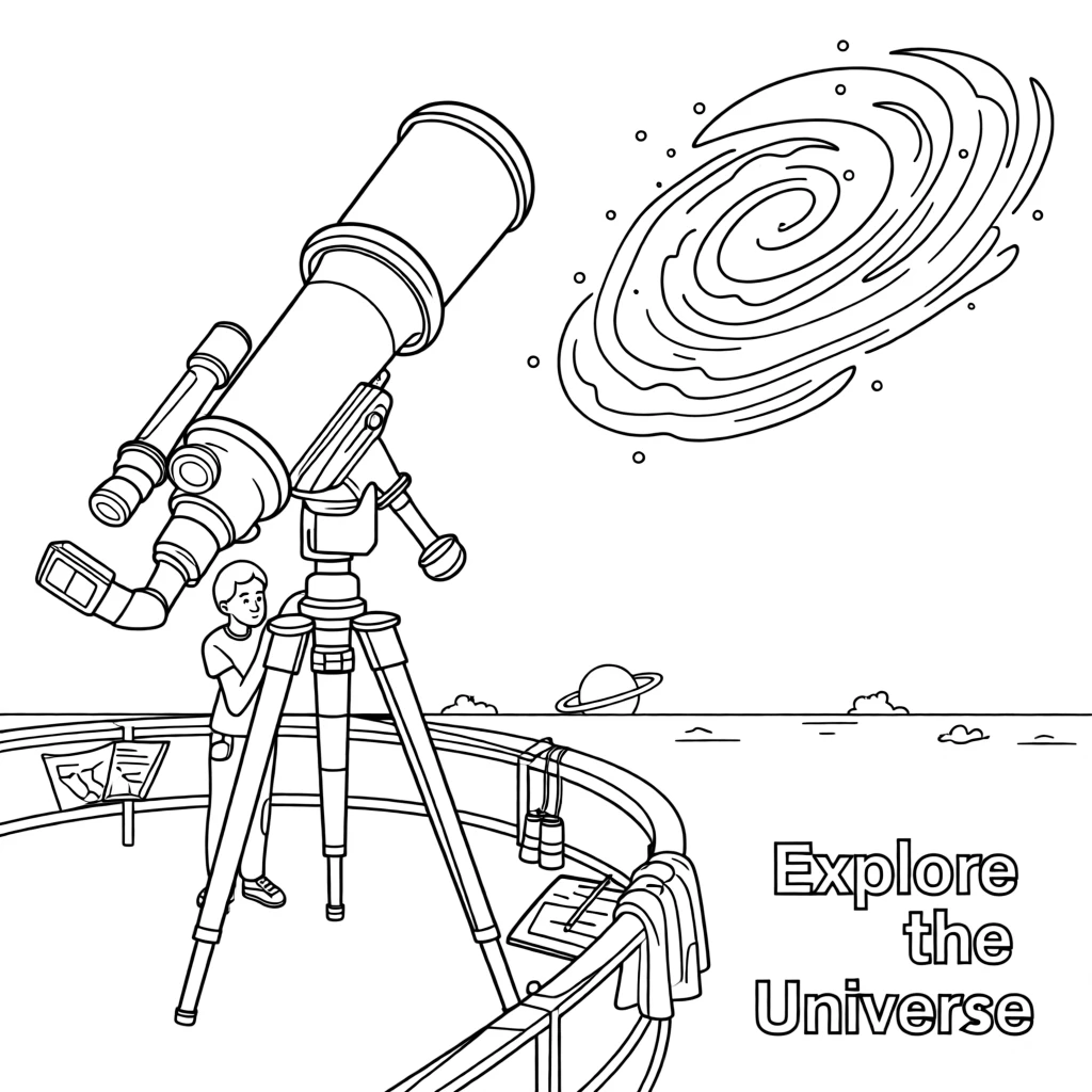 A telescope pointed toward a glowing nebula, with the curve of a planet visible on the horizon.