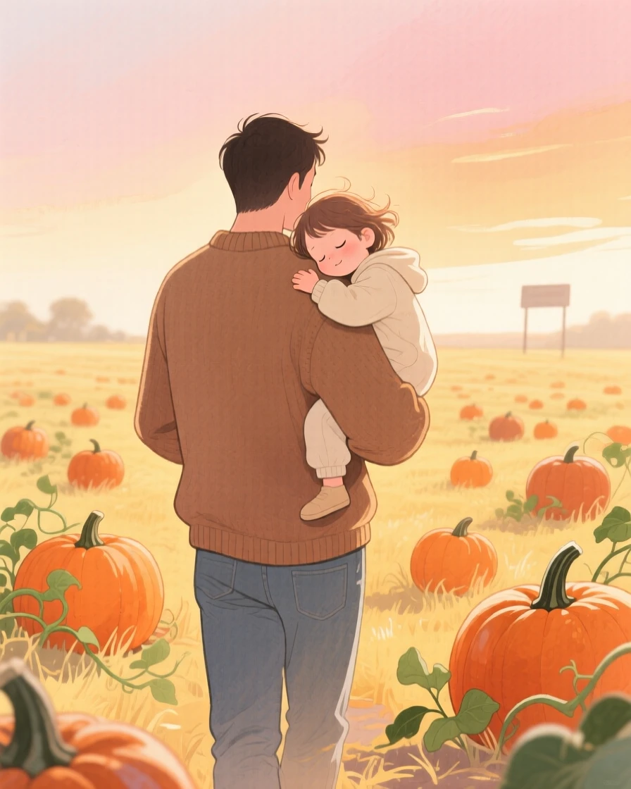 A father carries his sleepy child on his back through a pumpkin patch at golden hour