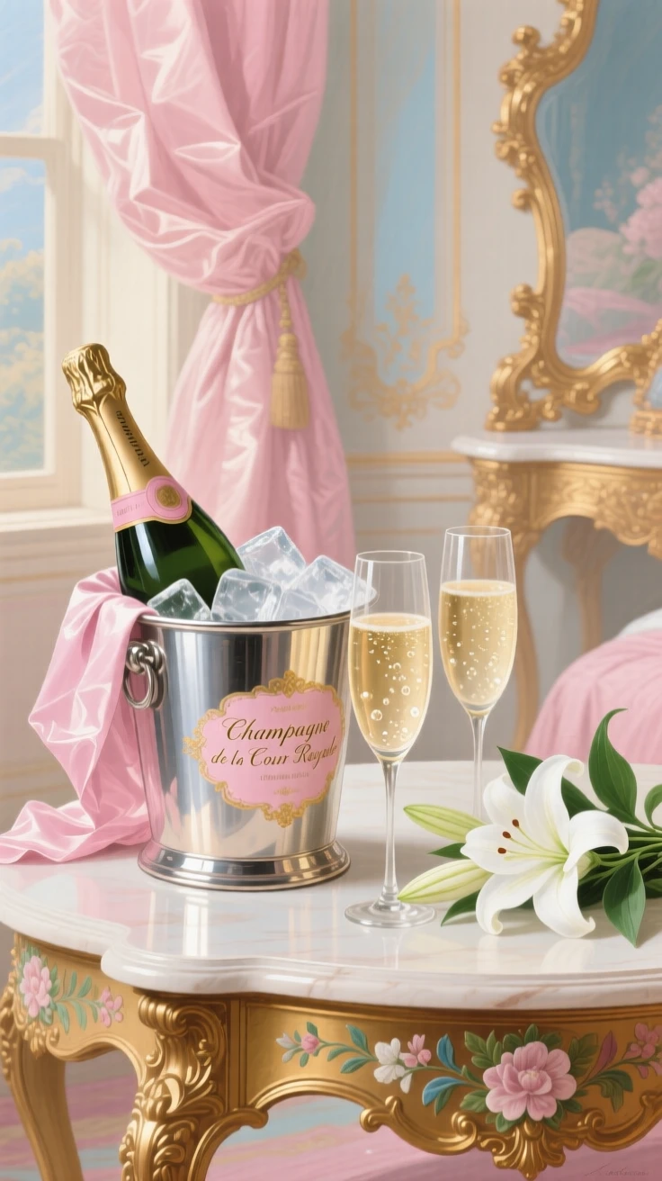 A champagne bottle in an ice bucket beside two filled glasses and white lilies  