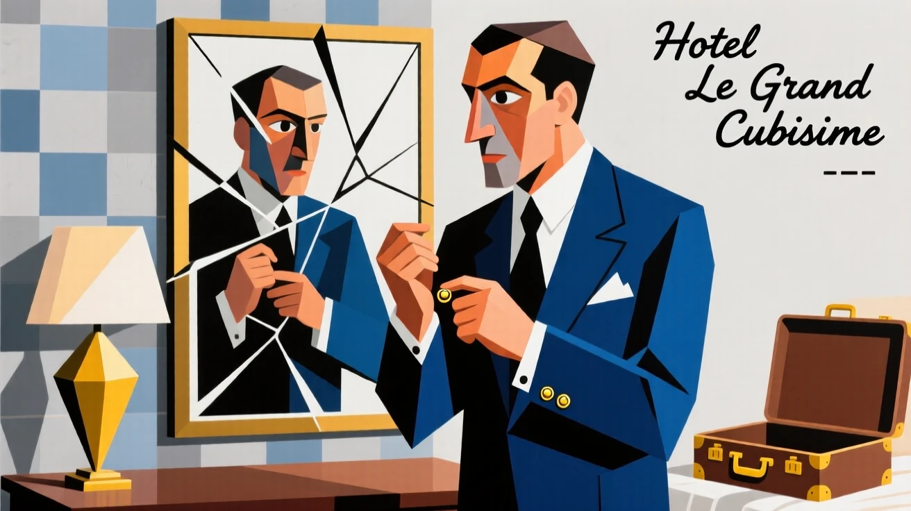 A dapper gentleman adjusting his cufflinks in an elegant hotel suite mirror.