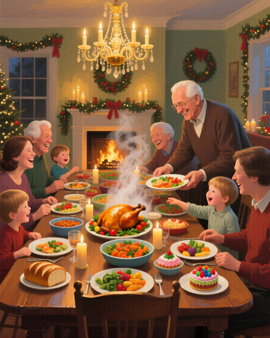 A large extended family gathers around a long table for a festive holiday meal, steam rising from dishes as laughter fills the warmly lit room, the moment feeling candid and intimate rather than posed or staged.