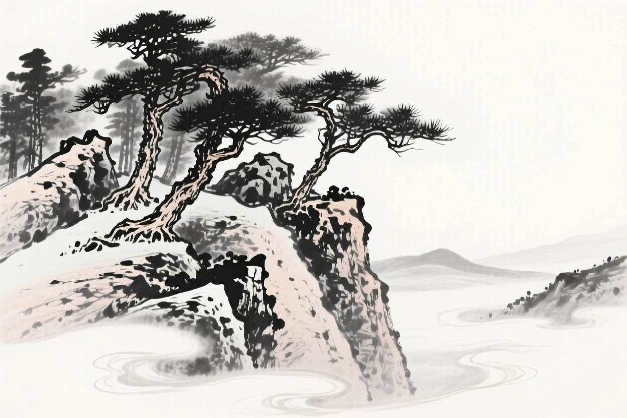 Rocks and pine trees cluster together on a rugged hillside, as clouds drift slowly through the valley below.