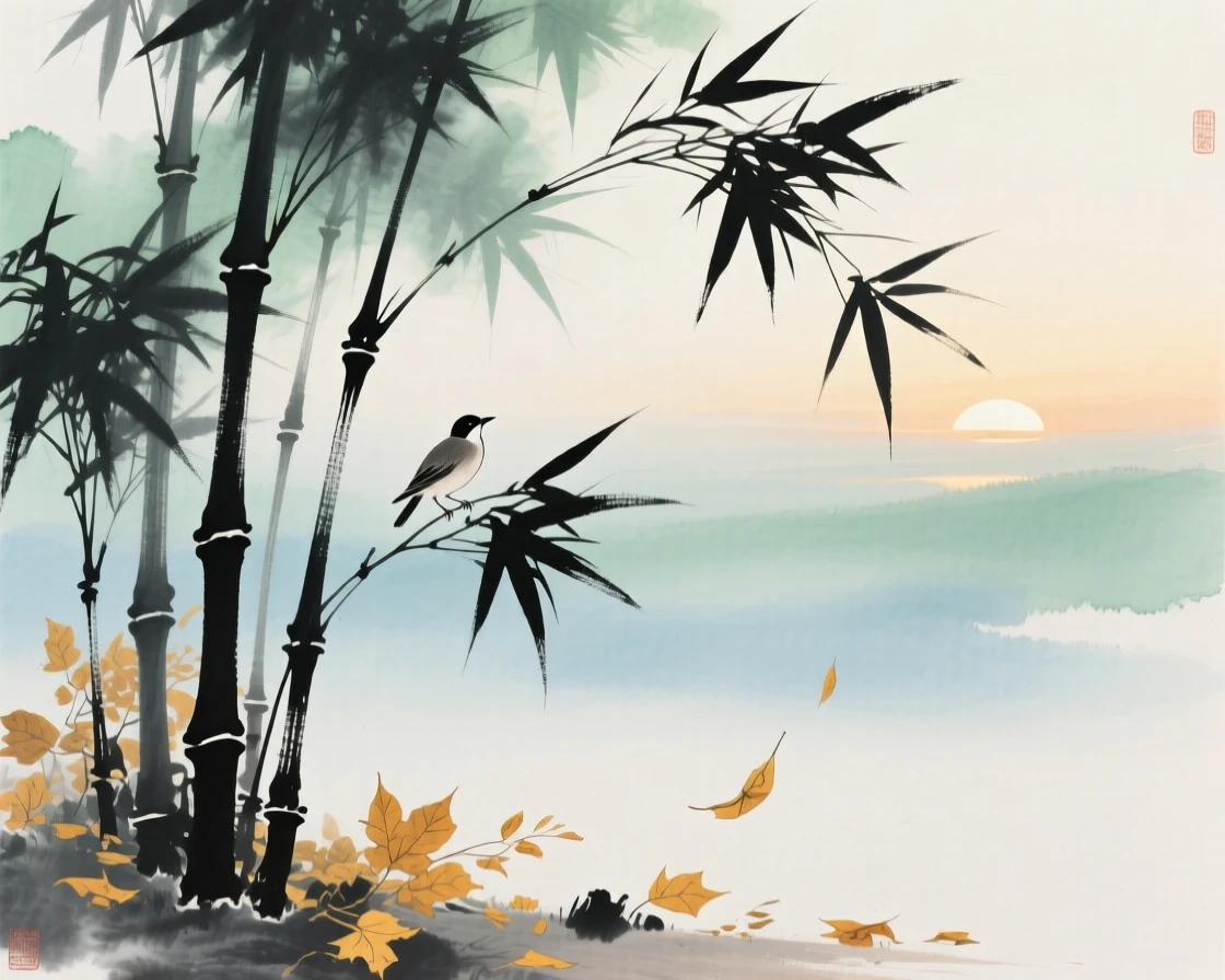Bamboo swaying gently with a small bird sheltering among the leaves, carrying a mood of wistful nostalgia, in the quiet hour before sunrise, as autumn leaves turn golden.