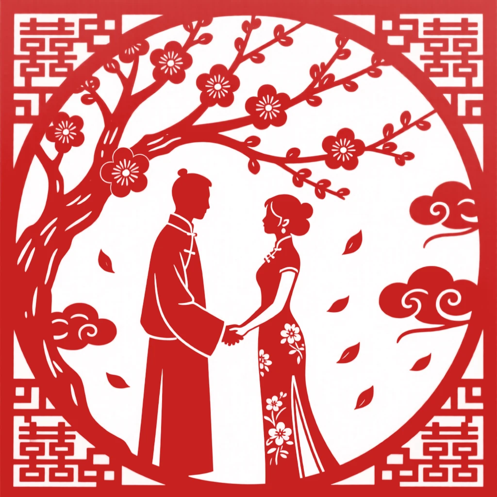 A betrothed couple exchanging vows beneath a blossoming tree, petals drifting gently around them.