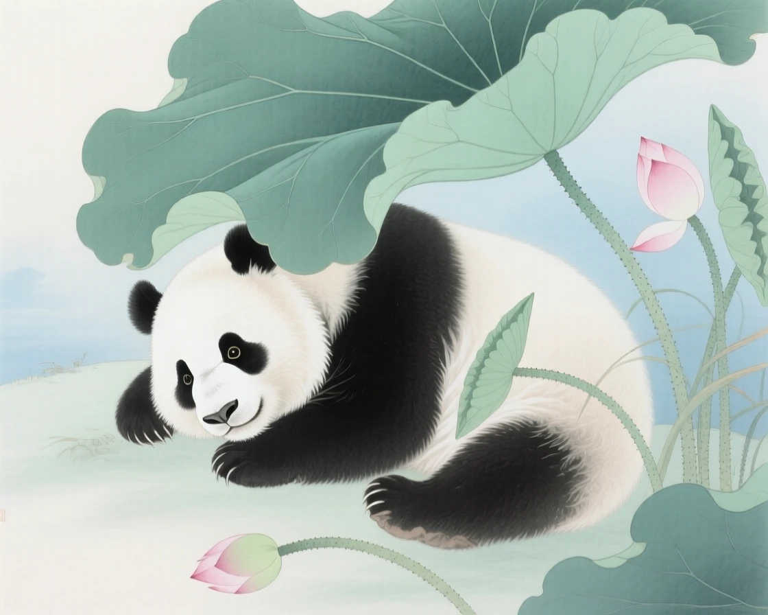 A giant panda resting in the shade of a lotus leaf