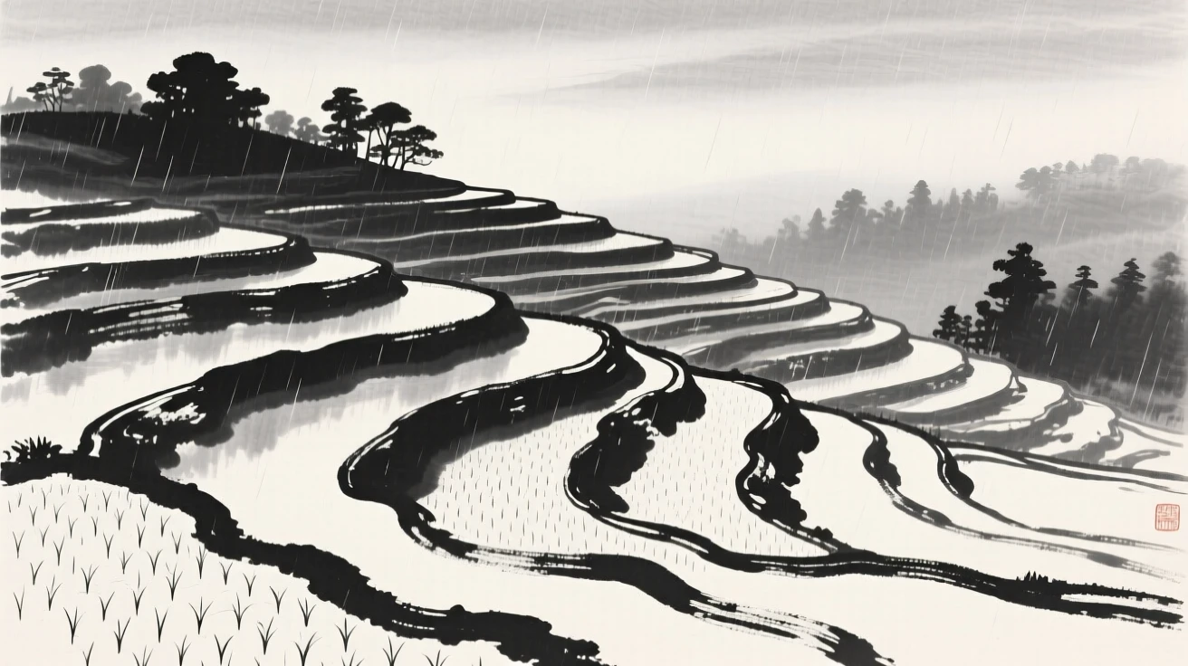 A field of rice terraces climbing a gentle hillside while a light rain blurs the distant tree line, viewed from a high vantage point looking down across the whole scene, evoking a deep sense of solitude and quiet grandeur.