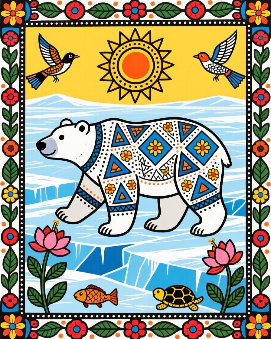 A polar bear walking across a vast field of arctic ice.