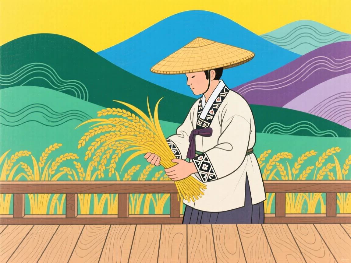 A farmer harvesting rice under a wide straw hat, on a wooden veranda overlooking the mountains.