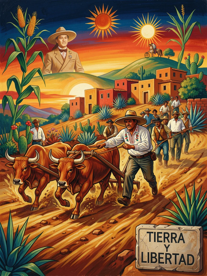 A farmer plowing a field with a team of oxen at dawn