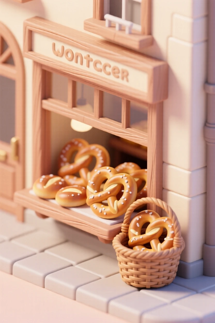 A quaint pretzel bakery window with soft twists glistening with butter, salt crystals catching the light, and a basket ready for delivery.