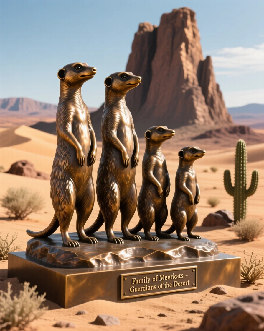 A family of meerkats standing sentinel in the desert sun, framed by dramatic natural scenery, evoking wonder and majesty