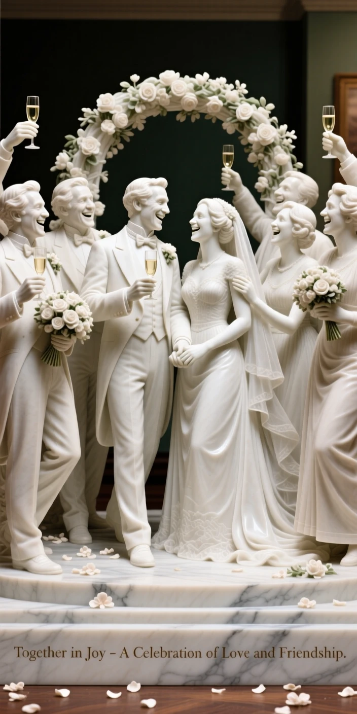 A heartwarming depiction of a wedding party celebrating together, full of laughter and genuine connection