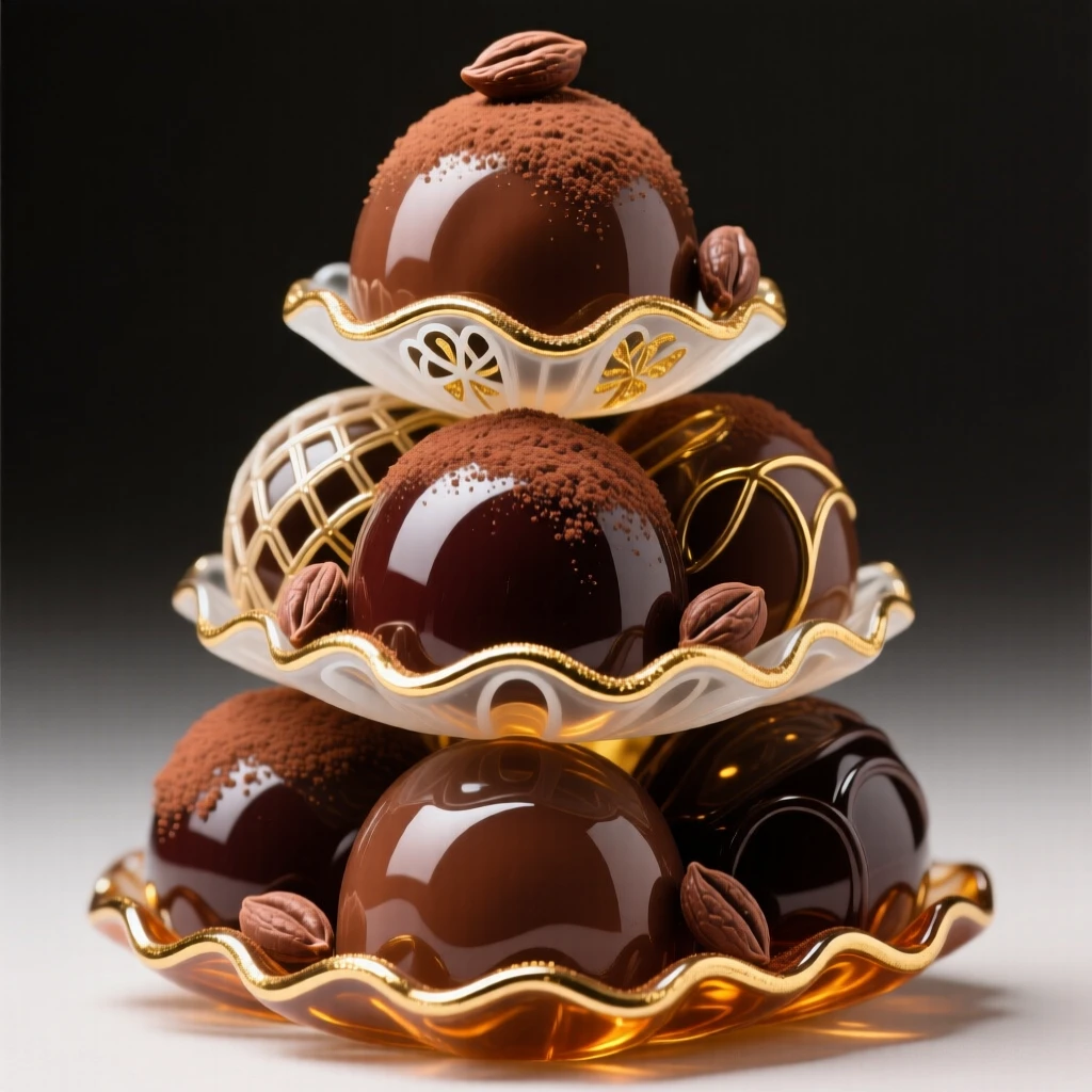 A stack of chocolate truffles dusted with cocoa powder, indulgent and elegant.