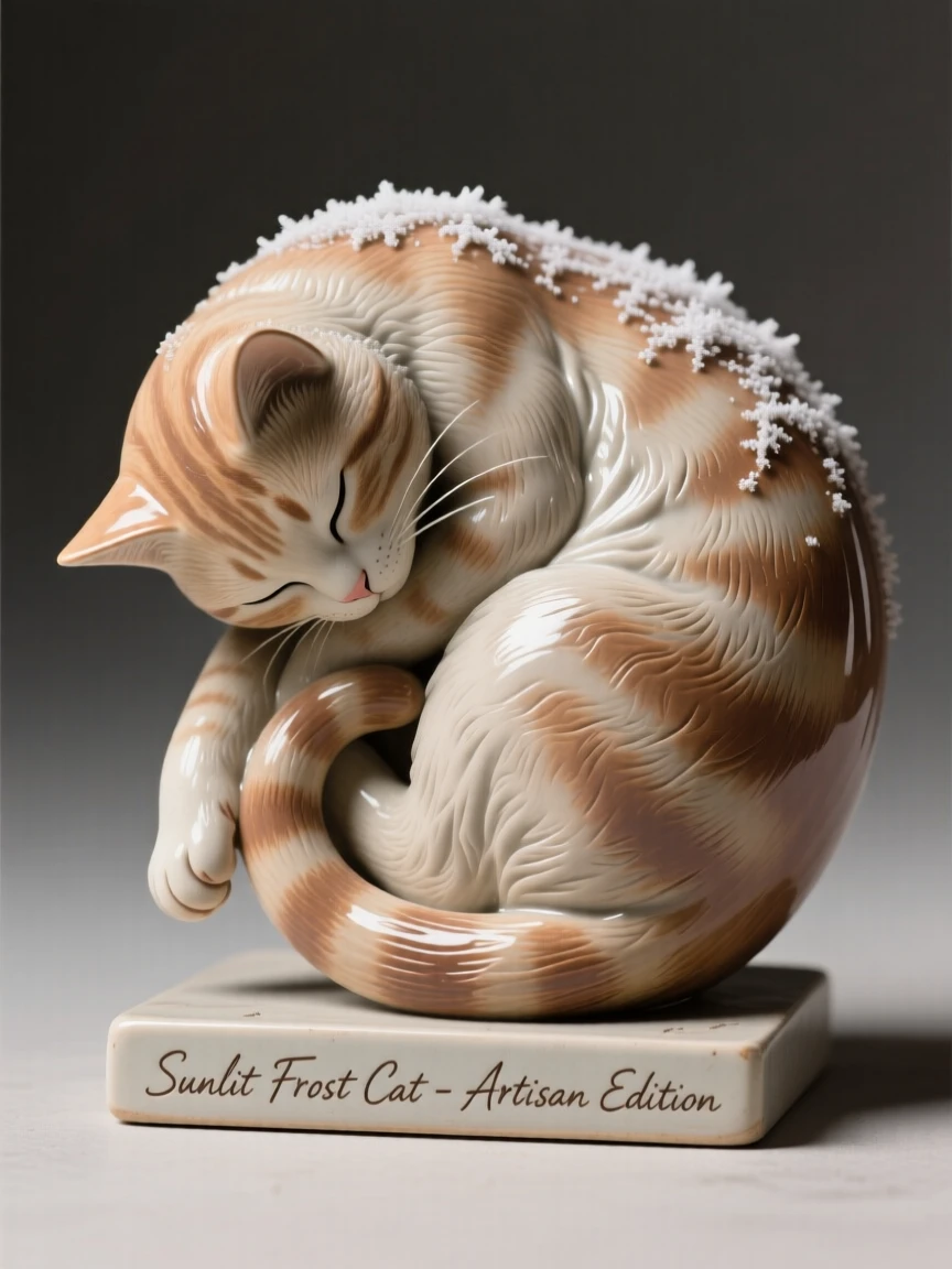 A curled-up cat stretched out in warm afternoon light, its coat dusted with a light frost, conveying calm strength and quiet pride.