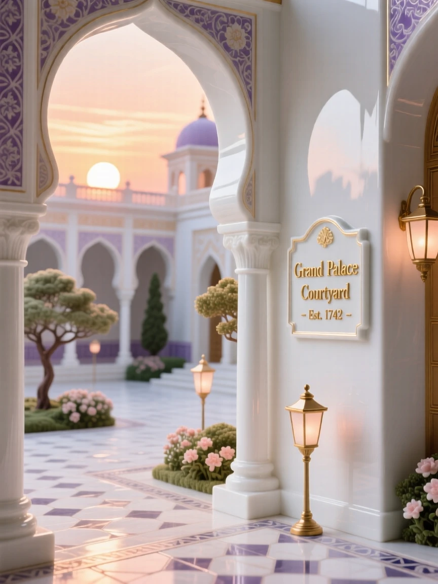 A grand view of a grand palace courtyard, glowing warmly at sunset.