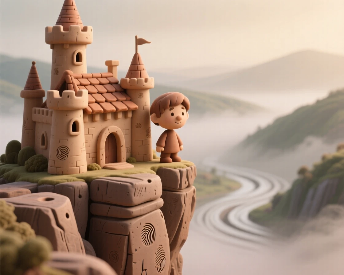A fairytale castle perched on a cliff above a misty valley