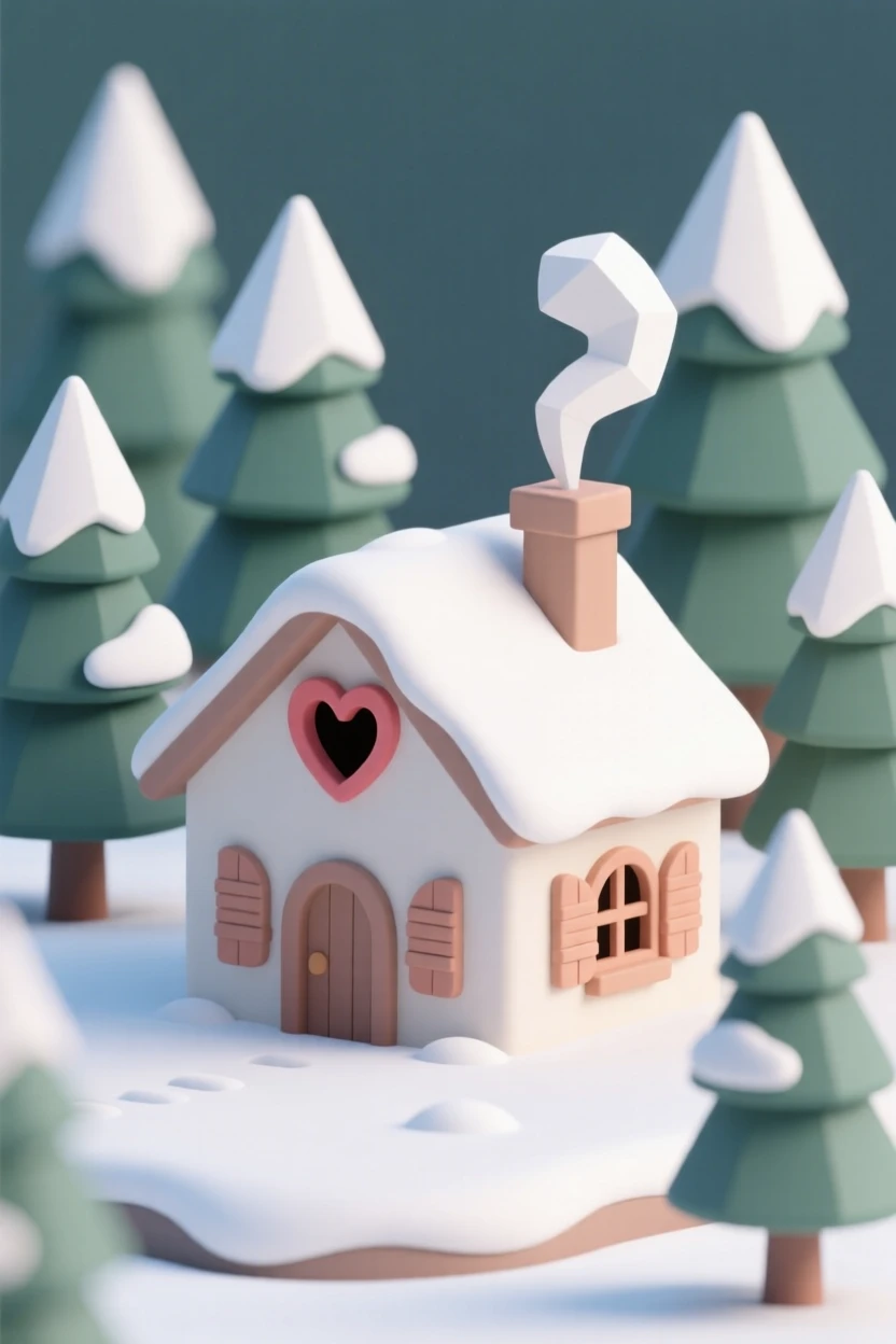A happy little cottage with heart-shaped shutters and a smoking chimney nestles cozily in a snowy pine forest.