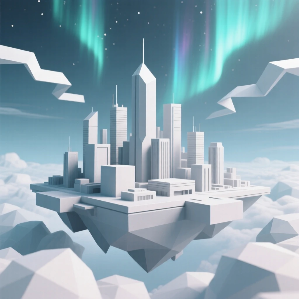 A futuristic city floating among the clouds, beneath shimmering auroras. rich color gradients enhance the dreamlike atmosphere. It captures a feeling of peaceful isolation.