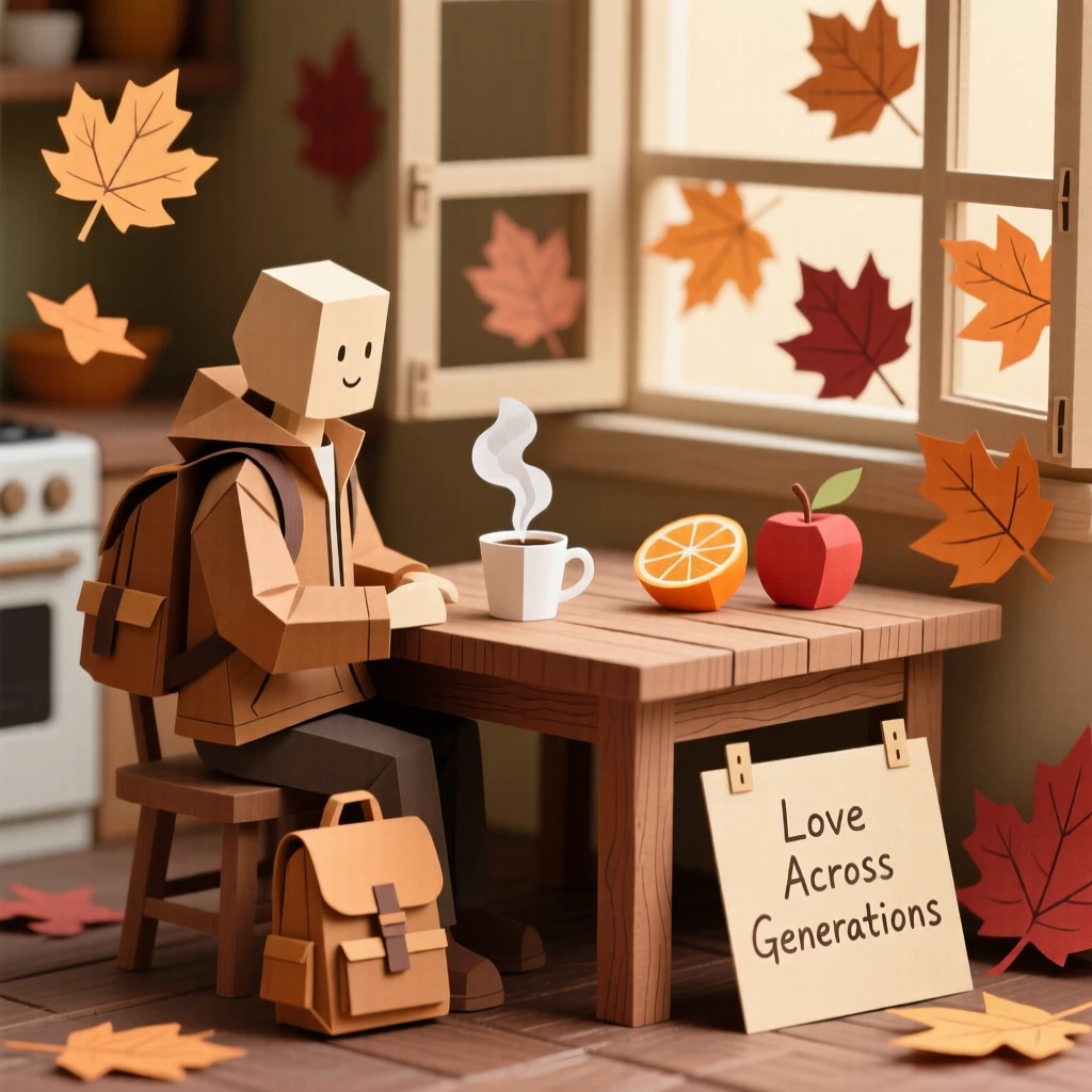 A solo backpacker gathered around a warm kitchen table, with autumn leaves drifting past, evoking love across generations.