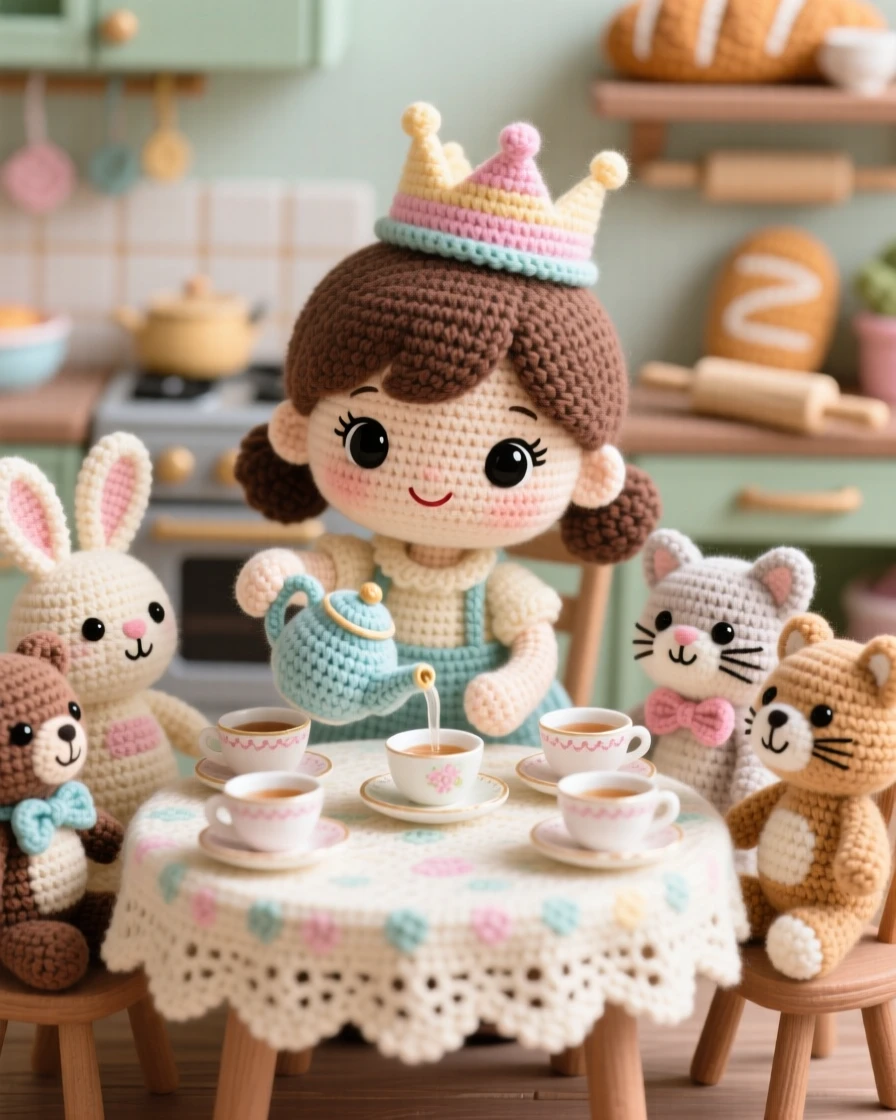 a little girl having a tea party with stuffed animals, wearing a small paper crown, pouring pretend tea into tiny cups, in a quiet kitchen filled with the smell of baking, with a steaming mug resting on a small table nearby, radiating warm familial love and simple comfort.