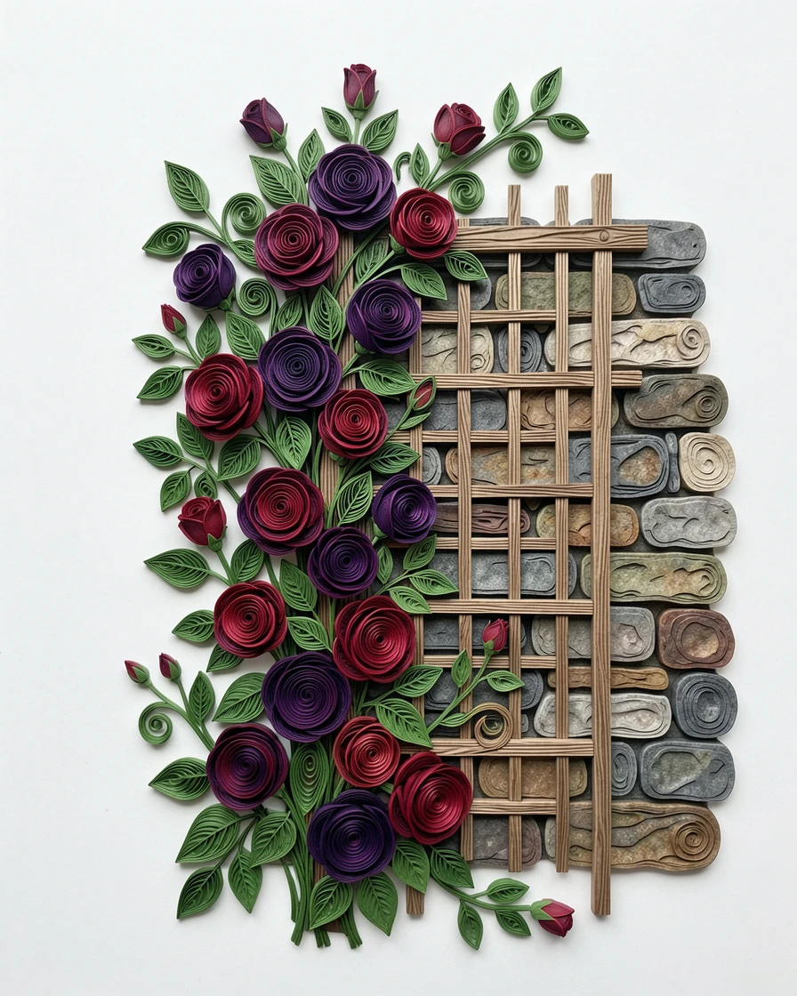 A serene botanical study of a garden trellis overflowing with climbing roses beside a weathered stone garden wall, in deep jewel tones of violet and crimson, centered with generous negative space around it.