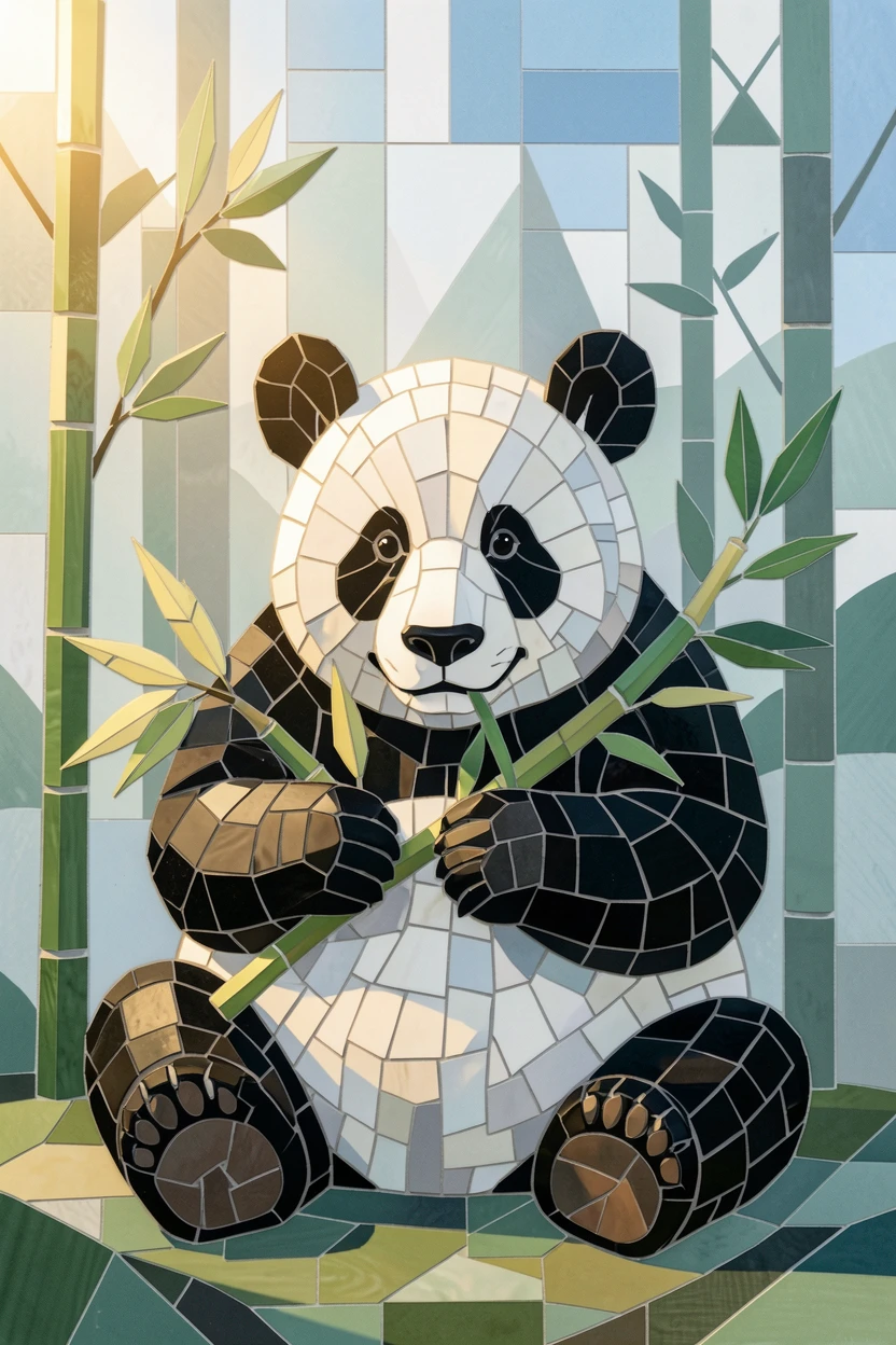 A giant panda munching on bamboo in a misty forest, captured in soft natural light with a shallow depth of field.