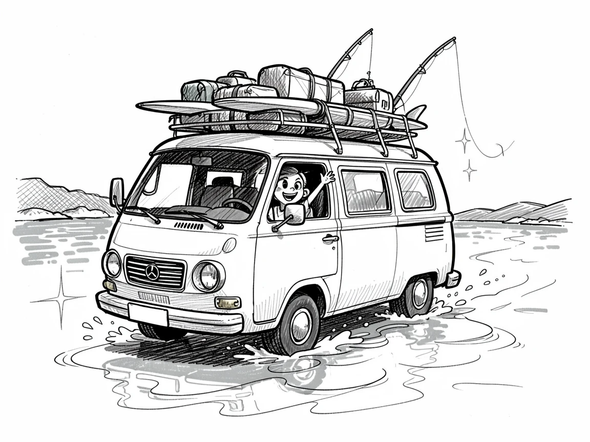 A camper van packed for a road trip sailing across a sparkling bay.