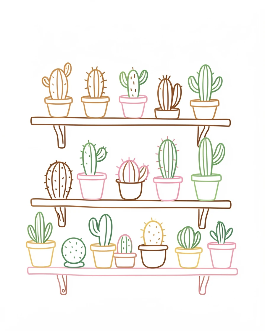 A shelf of small potted cacti arranged by height and shape.