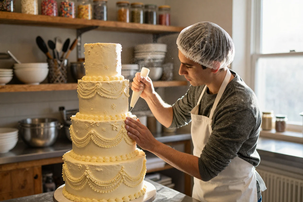 A baker pipes intricate icing details onto a towering tiered cake.