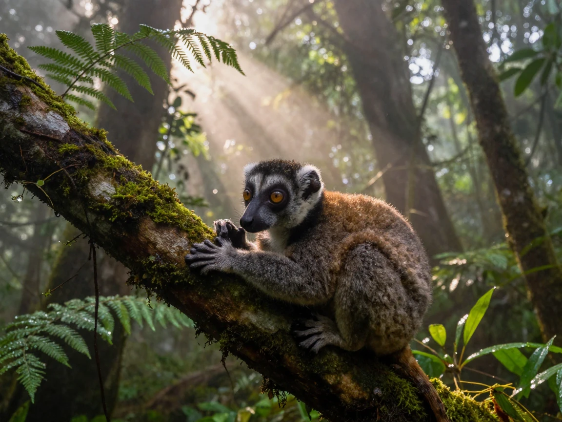 A curious lemur nuzzling affectionately in the early morning deep within a misty rainforest