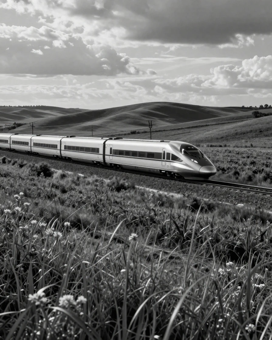 A high-speed train speeds across the countryside through rolling green farmland.