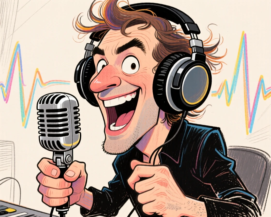 A radio DJ leaning into a microphone with giant headphones, mid-broadcast.