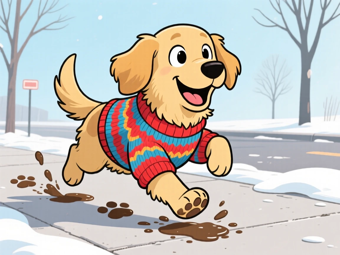 A playful pet moment featuring a fluffy golden retriever wearing a tiny knitted sweater on a chilly walk, with muddy paw prints trailing behind.
